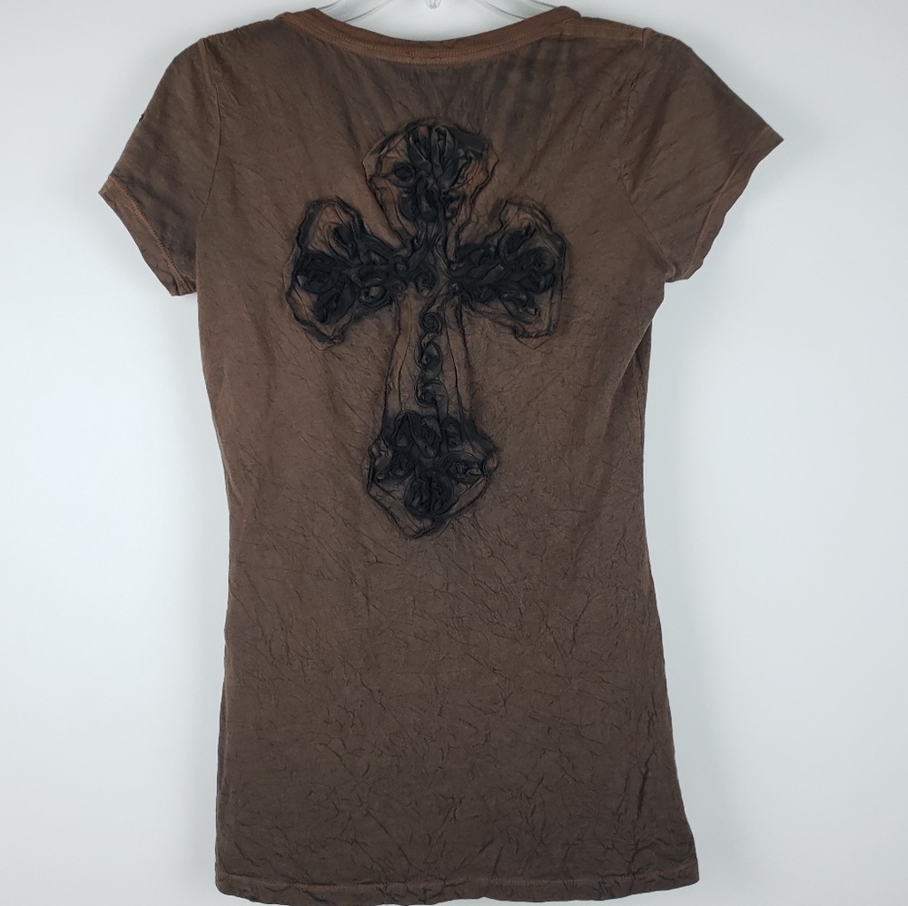 Velvet Stone Brown Black Cross Womens tee sz M